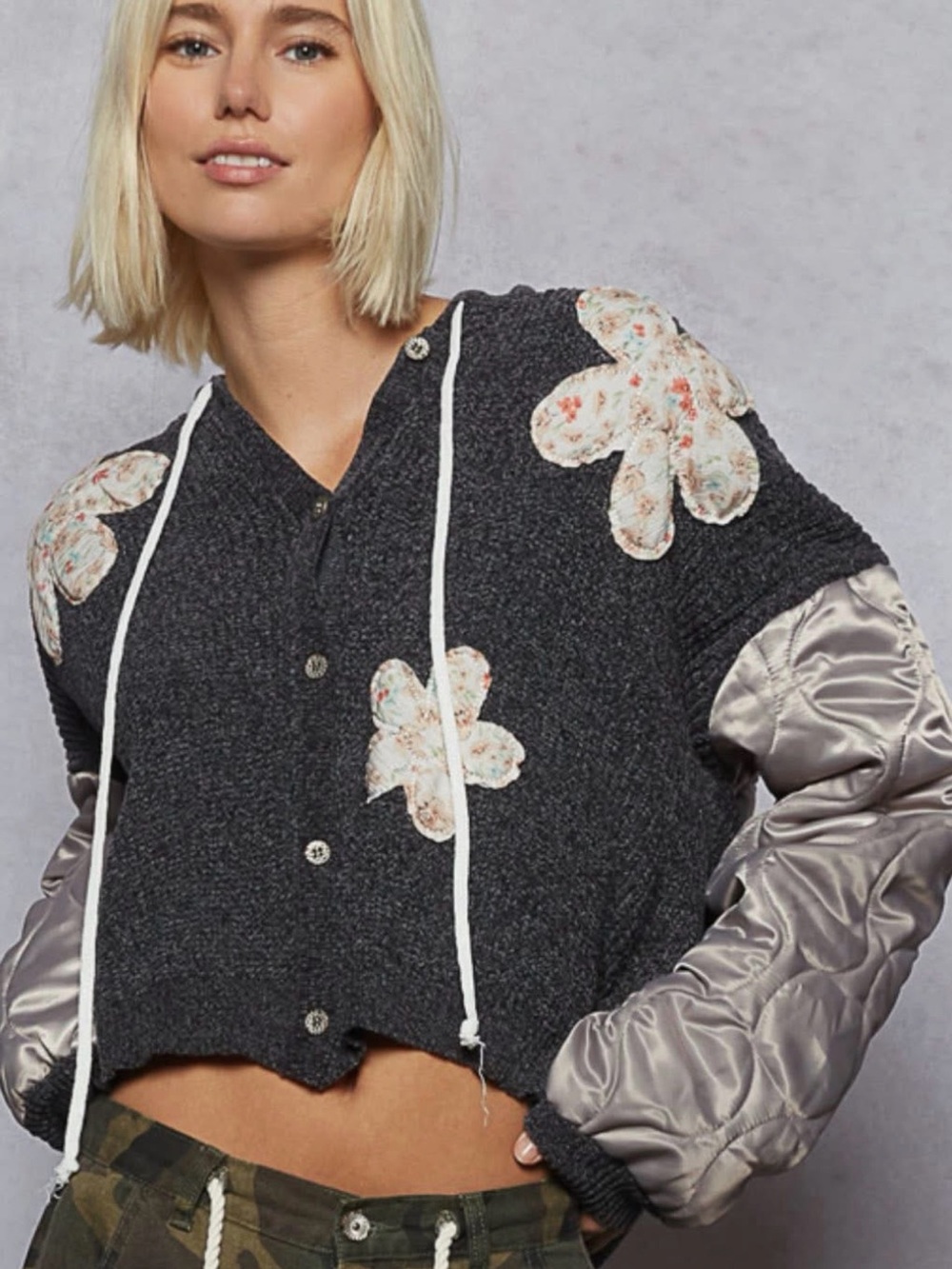 POL Charcoal Floral Patchwork Bomber Jacket with Silver Sleeves